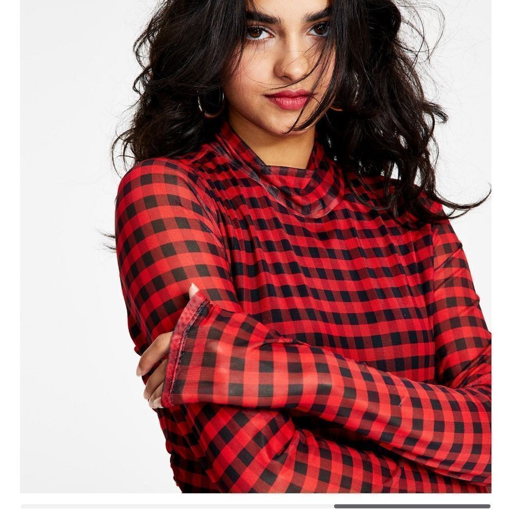 HOST PICK Bar III Red and Black Gingham Top with Mesh Overlay Sz 1X